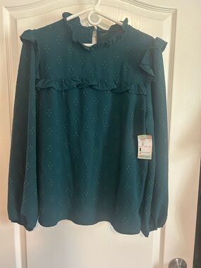 Ruffled Dark green Long-Sleeve Blouse NWT